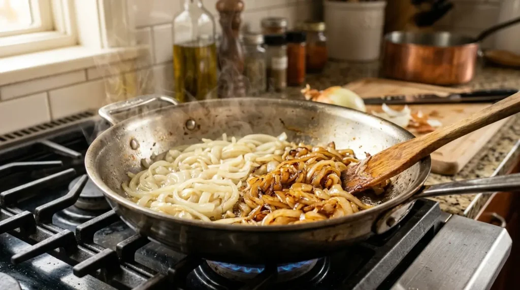 Sliced onions cooking slowly over medium-low heat to achieve rich caramelized color and flavor.