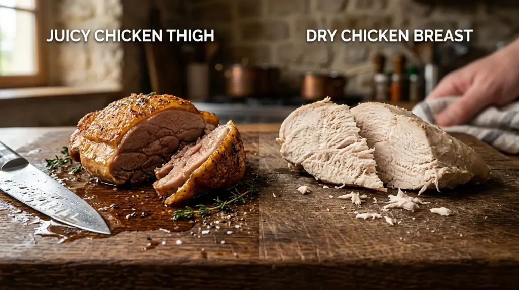 Educational food photography showing juicy chicken and dry chicken texture contrast.
