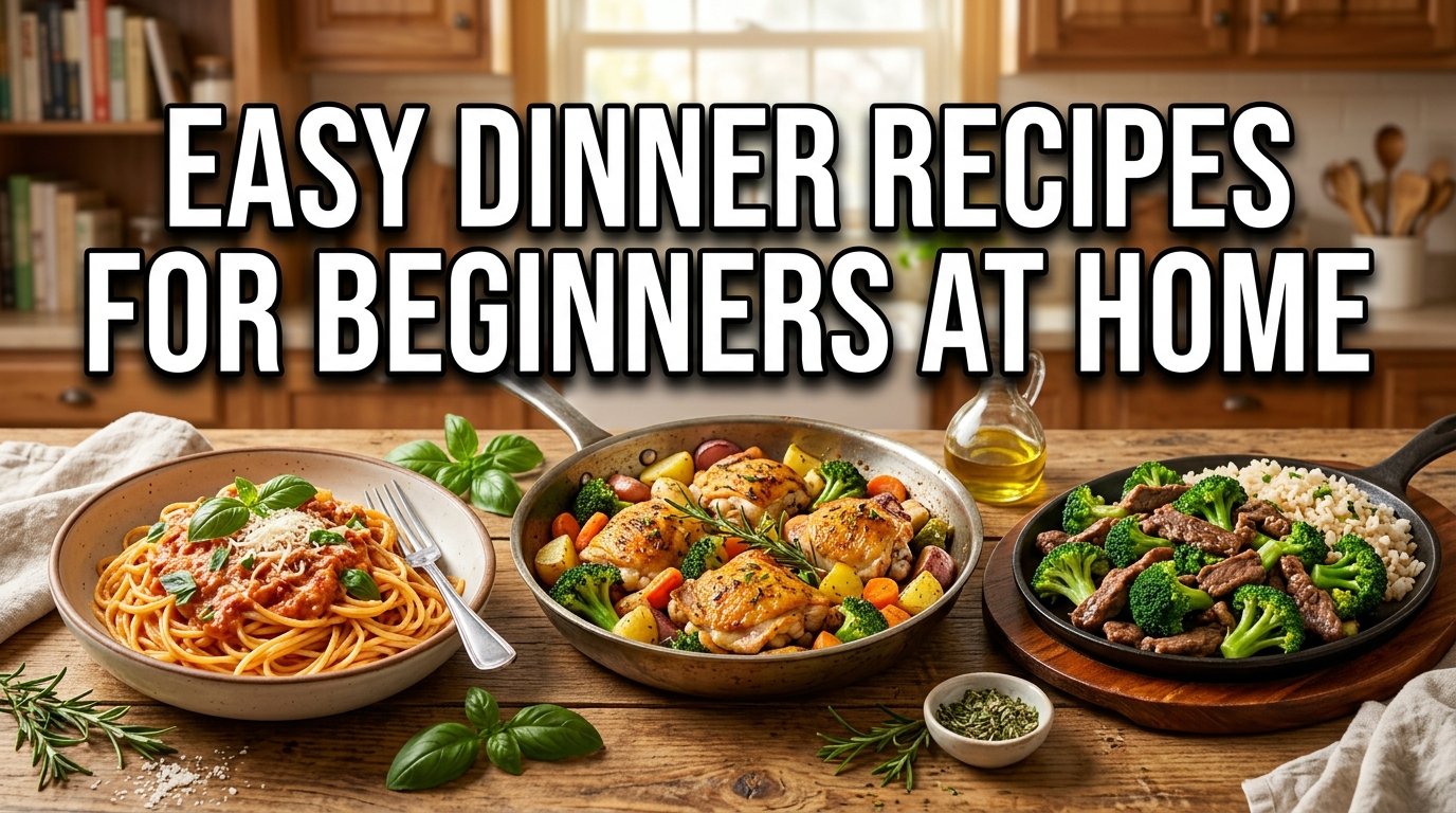 Delicious, easy dinner recipes: a pasta dish with herbs, roasted chicken with vegetables, and beef with broccoli stir-fry, set in a cozy kitchen.